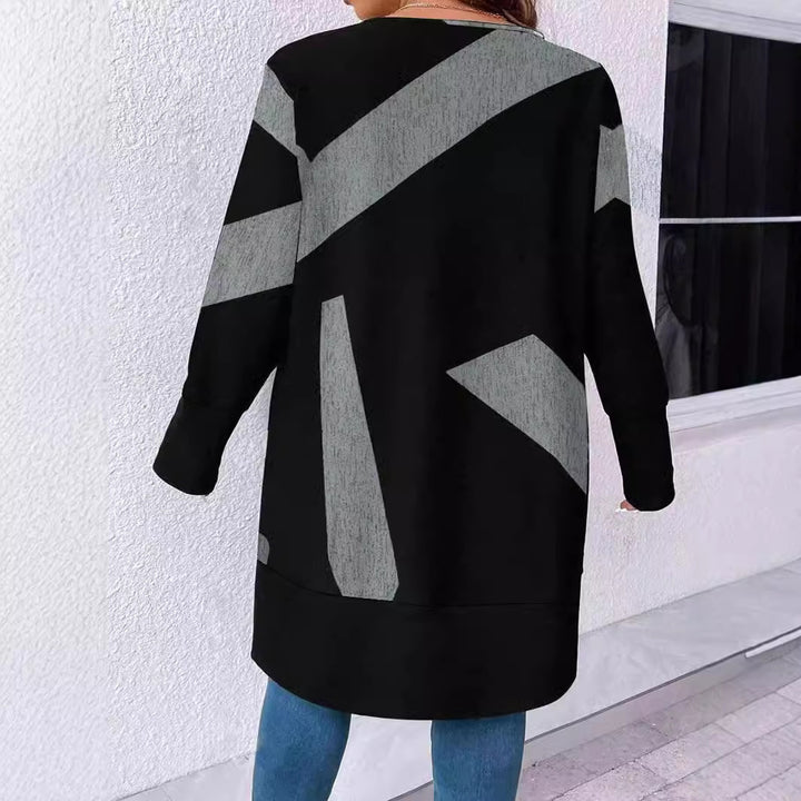 Damen Oversize-Strickcardigan mit geometrischem Print, Knopfleiste und aufgesetzten Taschen Drune