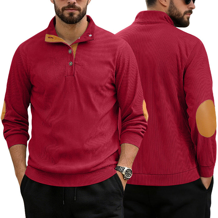 Herren nan lässiger Strukturpullover mit Polokragen, kurzer Knopfleiste und veganen Lederbesätzen Drune