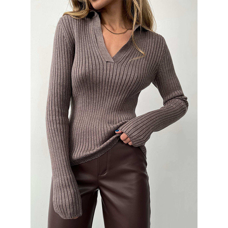 Damen Eleganter, gerippter Pullover mit tiefem V-Ausschnitt Drune
