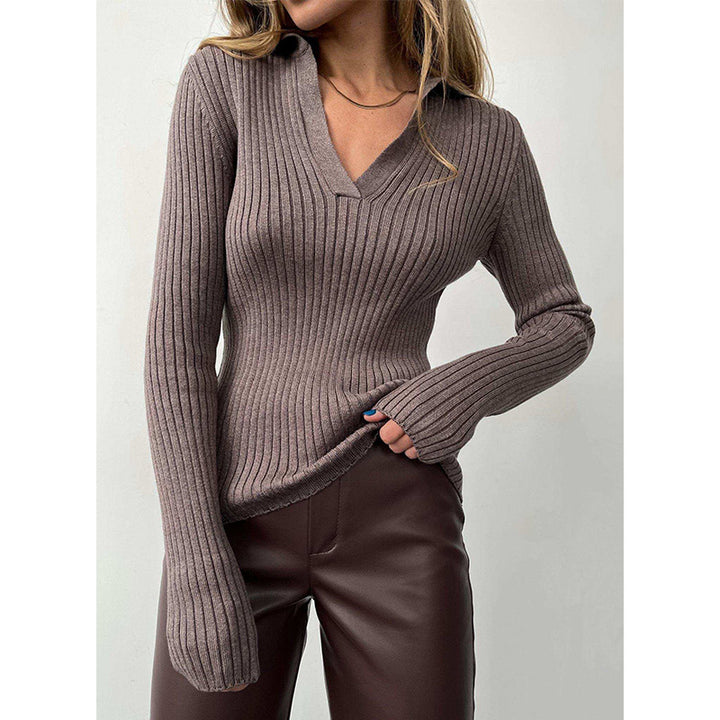 Damen Eleganter, gerippter Pullover mit tiefem V-Ausschnitt Drune