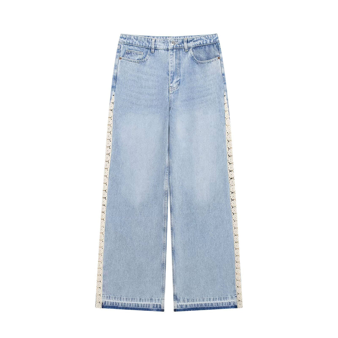 Damen Highwaist Cropped Wide‑Leg Jeans mit Häkelspitzen-Seitenstreifen Drune
