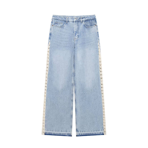 Damen Highwaist Cropped Wide‑Leg Jeans mit Häkelspitzen-Seitenstreifen Drune
