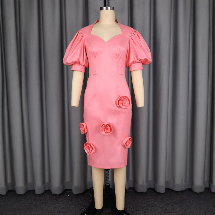 Damen Elegantes Kleid mit voluminösen Puffärmeln und floralem Akzent Drune