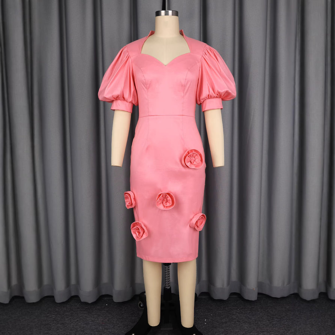 Damen elegantes Cocktailkleid mit Puffärmeln und Blumendetails Drune