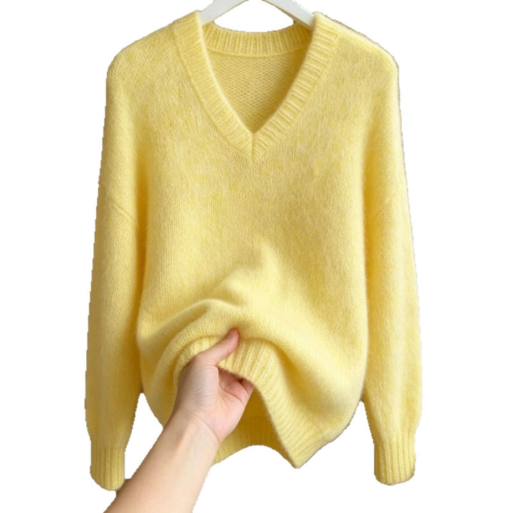 Damen Flauschiger Mohair-Mix Oversize-Pullover mit tiefem V-Kragen Drune
