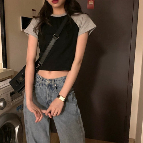 Damen Crop-Top mit kontrastierenden Ärmeln und angenehmem Baumwollmix