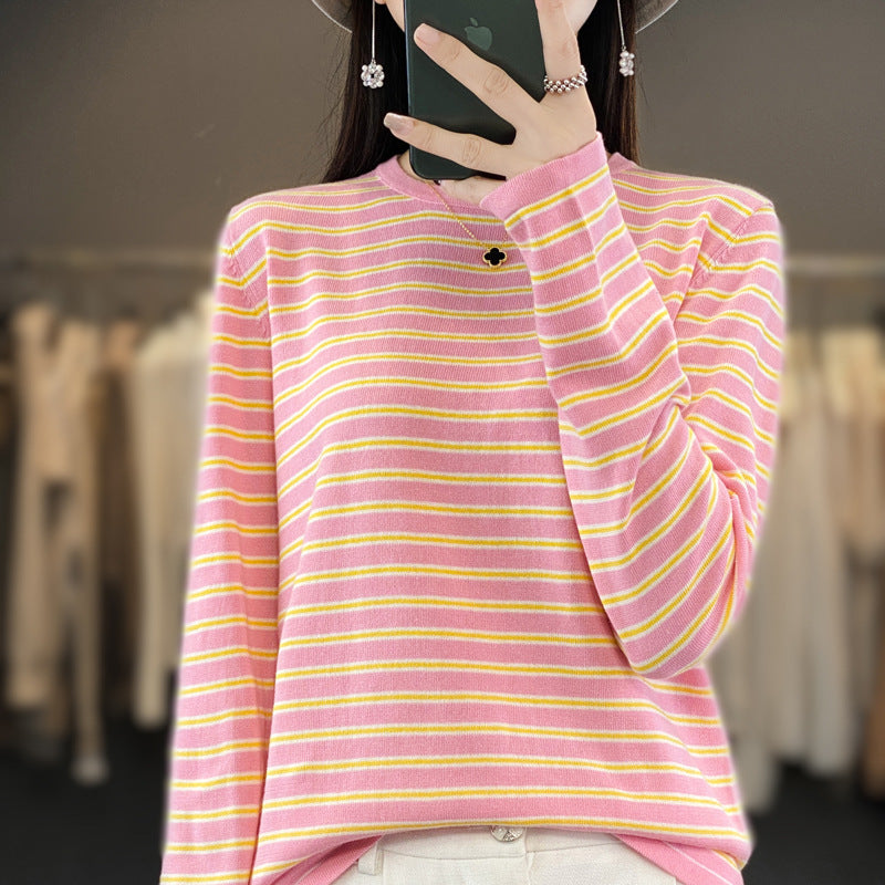 Damen Leichter Baumwollmix-Streifenpullover mit Rundhals, Raglanärmeln und lässiger Silhouette Drune