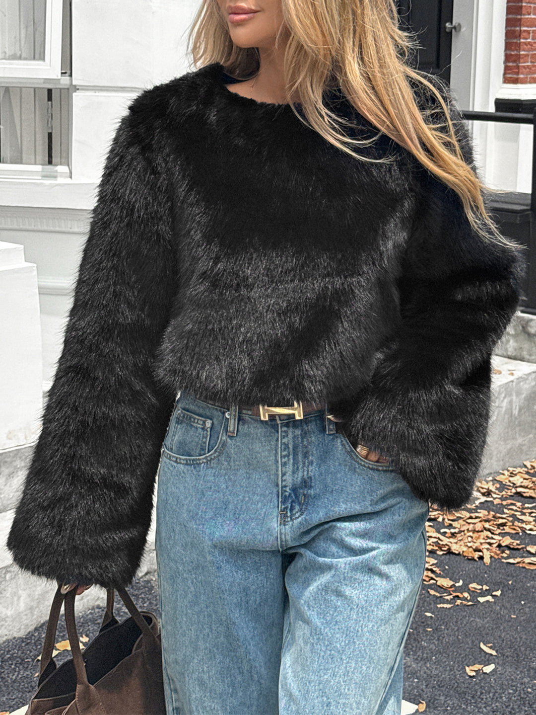 Damen nan kuscheliger Cropped-Faux-Fur-Pullover mit ausgestellten Ärmeln Drune