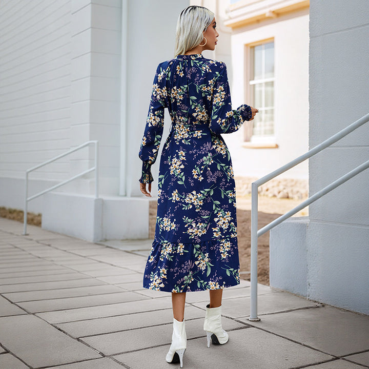 Damen Florales Langarmkleid mit Taillengürtel Drune