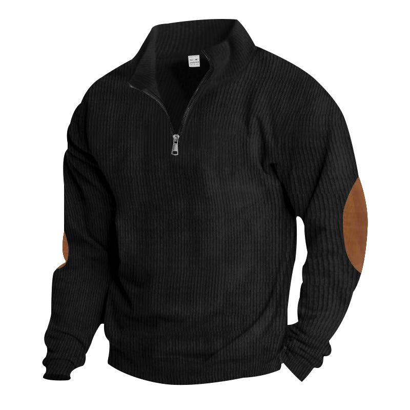 Herren nan gerippter Feinstrick-Pullover mit kurzem Reißverschluss Stehkragen und Lederoptik-Ellbogenpatches Drune