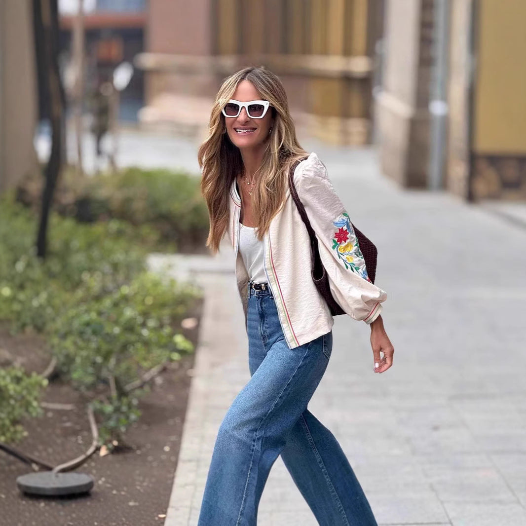 Damen trendige Bluse mit floralen Stickereien und Taillengürtel Drune