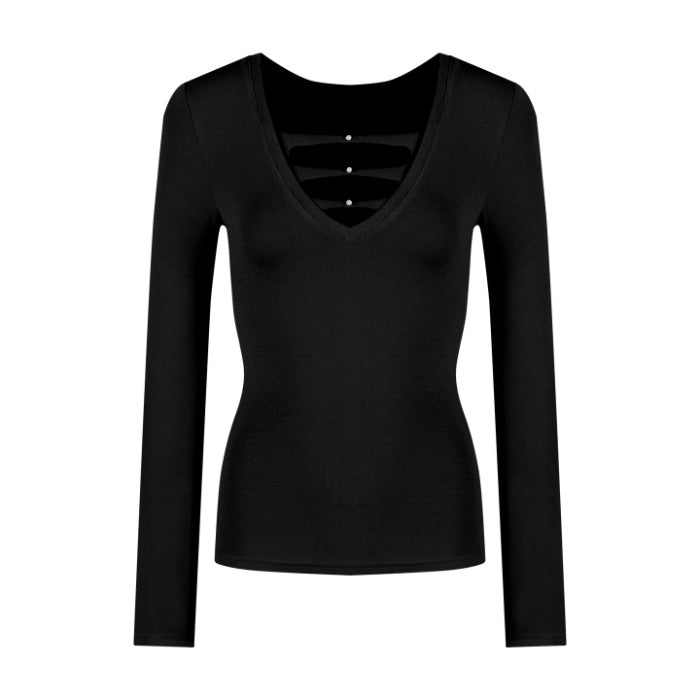 Damen elegantes Langarmshirt mit V-Ausschnitt und modischer Raffung Drune
