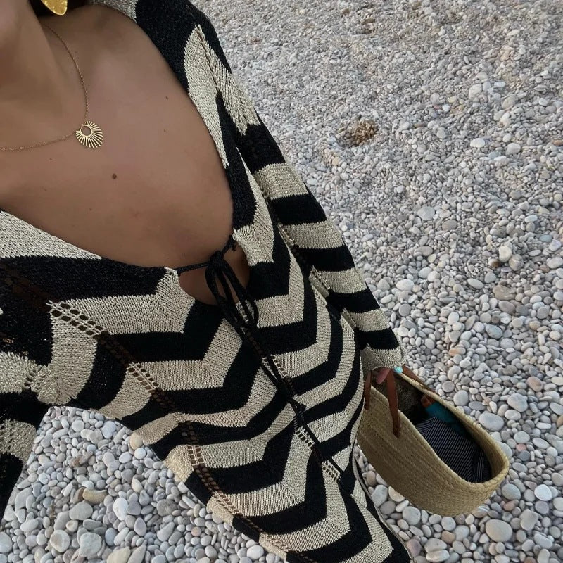 Damen 1400+ langes gehäkeltes Maxikleid mit Chevron‑Muster, tiefem V‑Ausschnitt und Bindeband Drune