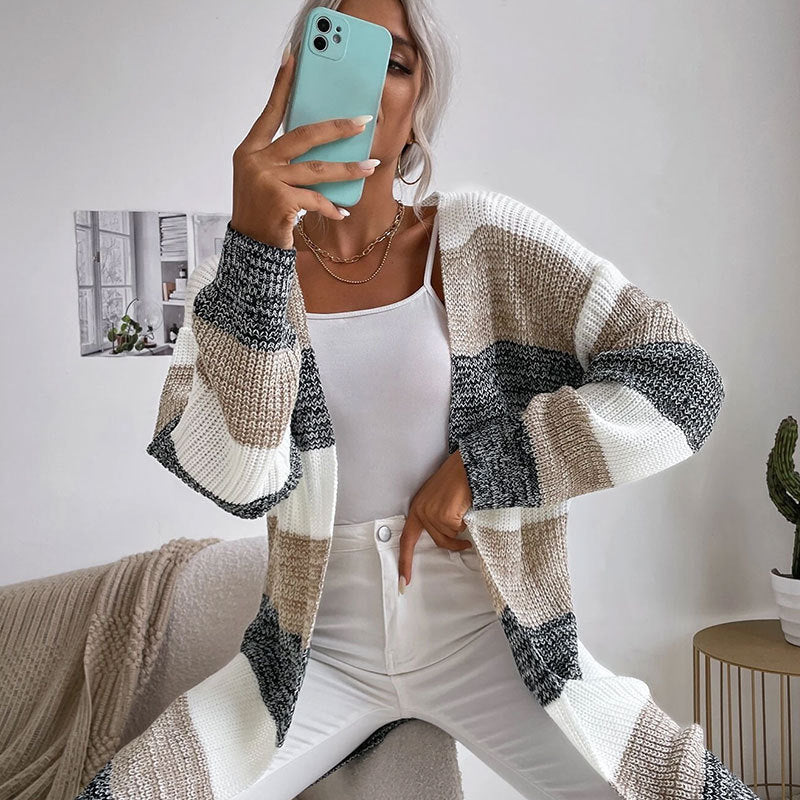 Damen Strickcardigan mit lässigem Streifenmuster und offenem Schnitt Drune