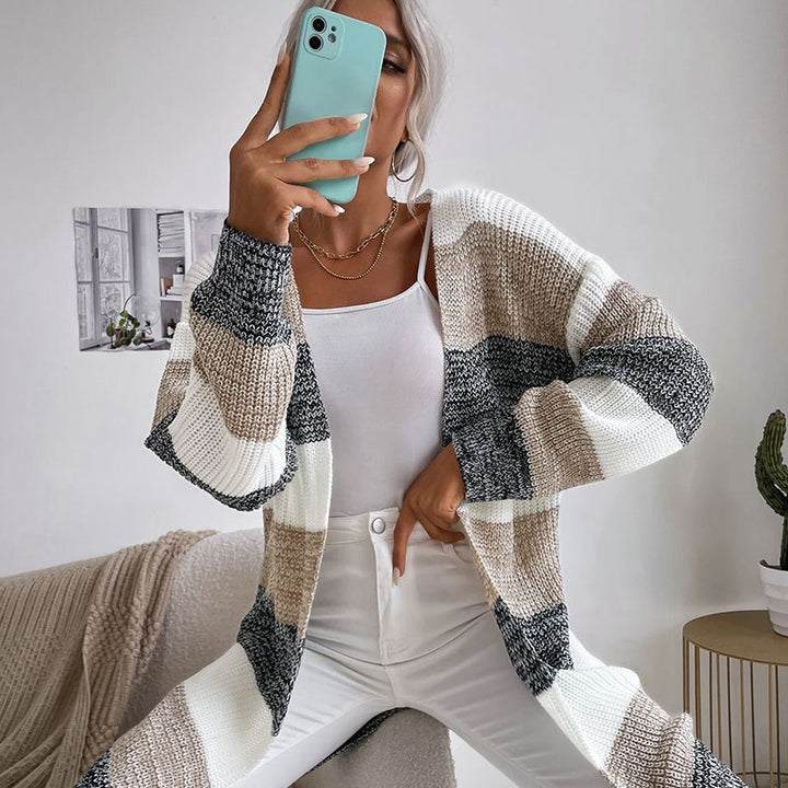Damen Strickcardigan mit lässigem Streifenmuster und offenem Schnitt Drune