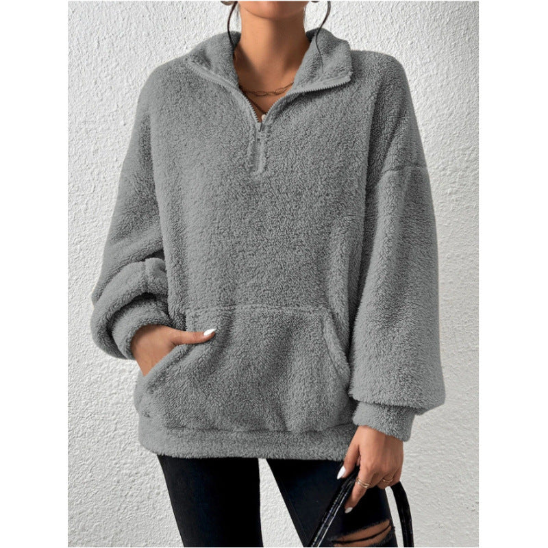 Damen Flauschiger Teddy-Pullover mit halbem Reißverschluss und Kängurutasche Drune