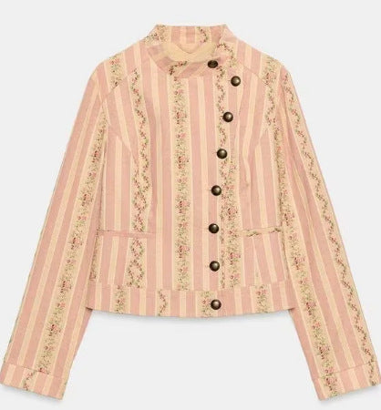 Damen Cropped Blazerjacke im Vintage‑Streifen‑Look mit Stehkragen und asymmetrischer Knopfleiste Drune