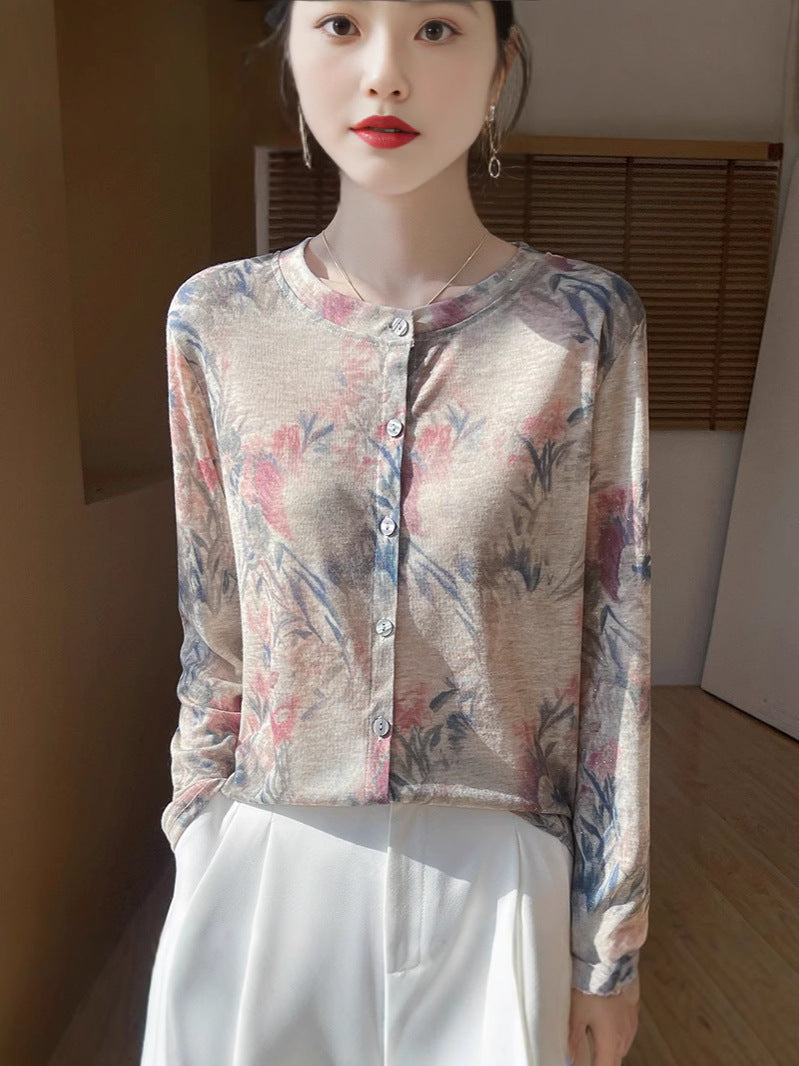 Damen Leichter Aquarell‑Print Feinstrick‑Cardigan mit Rundhalsausschnitt und Knopfleiste Drune