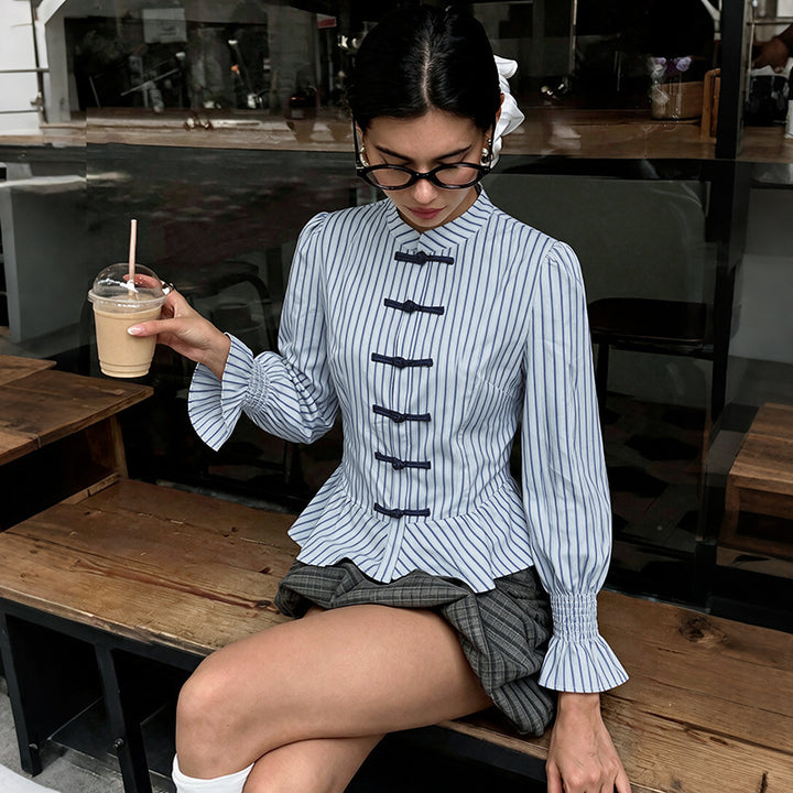 Damen Modische Bluse mit Rüschendetails und Knopfverschluss Drune