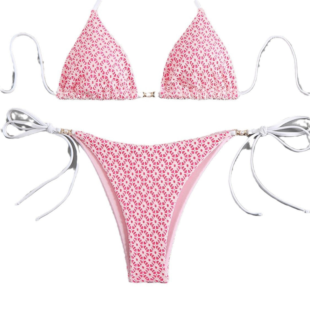 Damen Triangel-Bikini mit filigranem Blumendesign und charmanten Schleifen Drune
