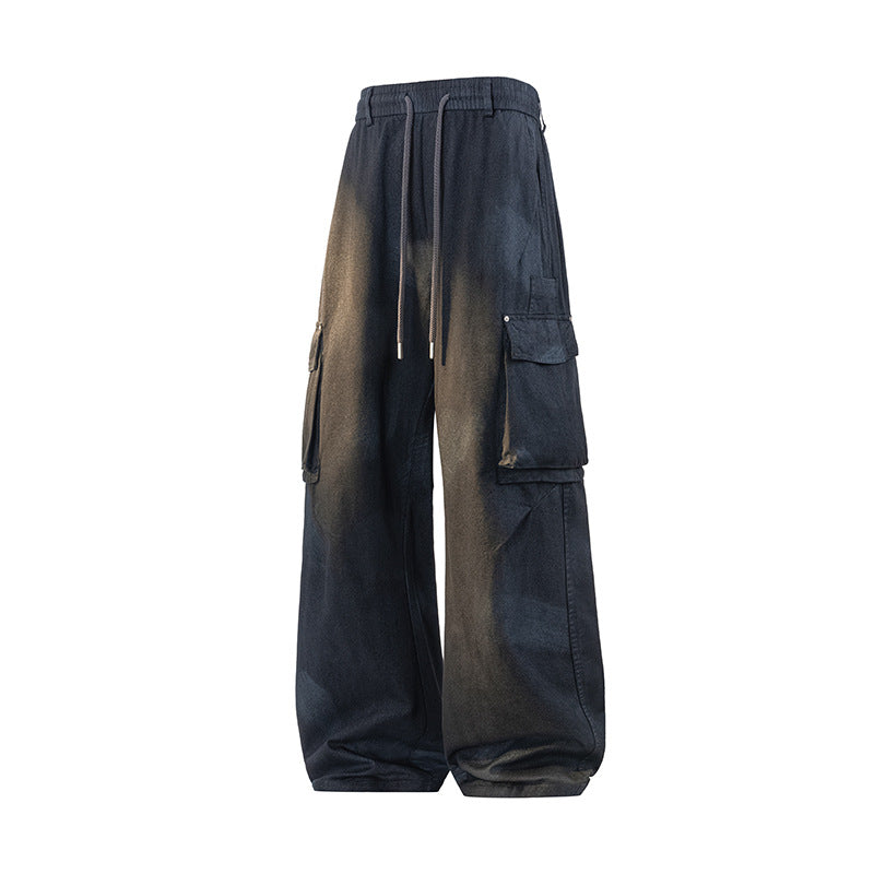 Damen Weite Cargo-Hose im Baggy-Stil mit Tunnelzugbund, Multifachtaschen und Used-Waschung Drune
