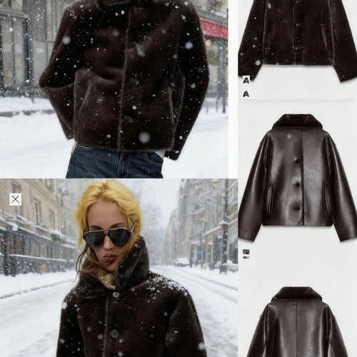 Damen Kastige Fauxleder-Jacke mit Kunstfellkragen, Lammfellimitat‑Futter und Knopfverschluss Drune