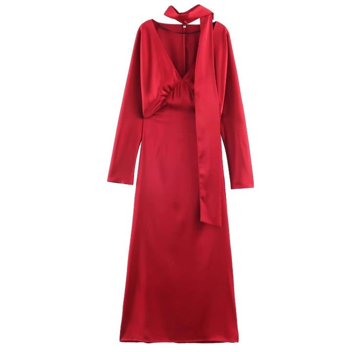 Damen 10+ langes Satin‑Maxikleid mit V‑Ausschnitt, taillierter Silhouette und Halstuch Drune
