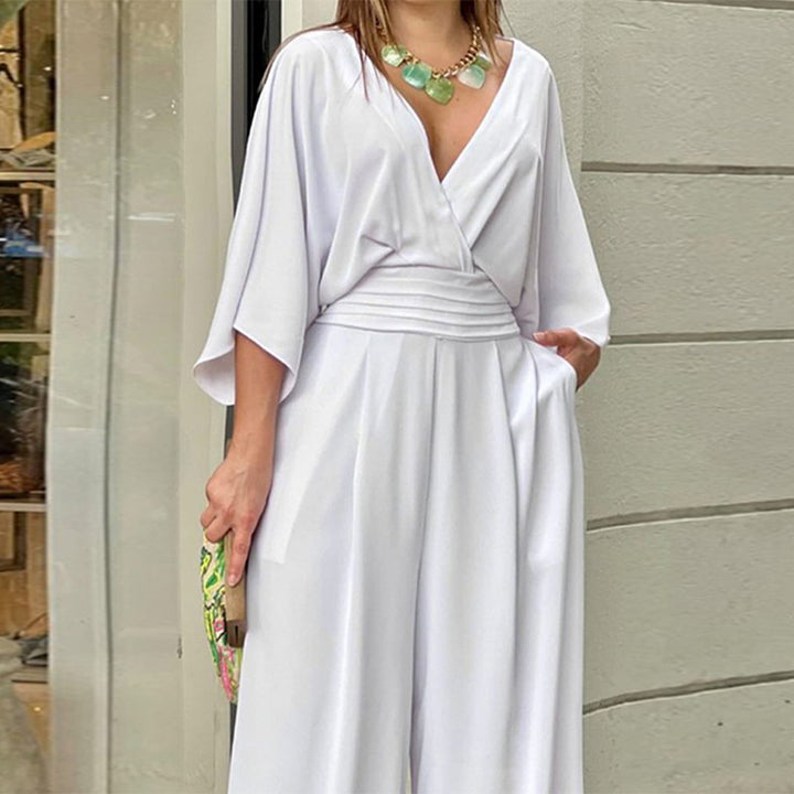 Damen Eleganter Jumpsuit mit weitem Bein und Wickeloberteil Drune
