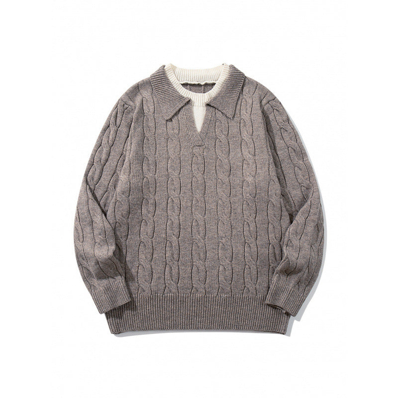 Herren Grobgestrickter Zopfmuster-Pullover mit Polokragen und V‑Ausschnitt Drune