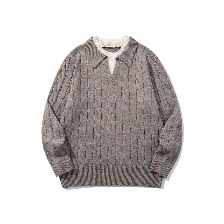 Herren Grobgestrickter Zopfmuster-Pullover mit Polokragen und V‑Ausschnitt Drune