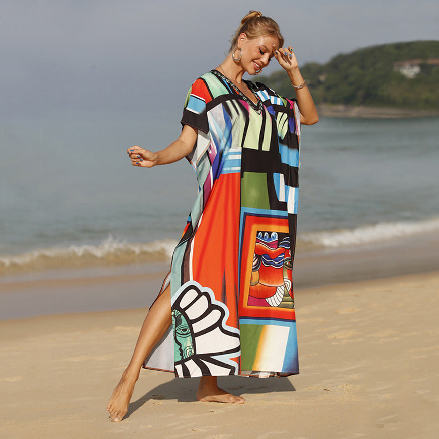 Damen Strandkaftan mit buntem grafischem Design und eleganten Akzenten Drune