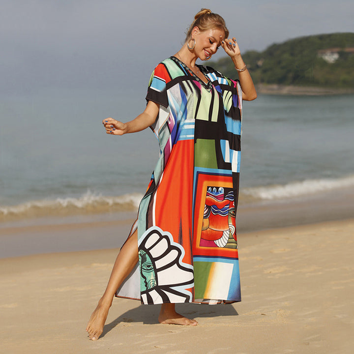 Damen Strandkaftan mit buntem grafischem Design und eleganten Akzenten Drune