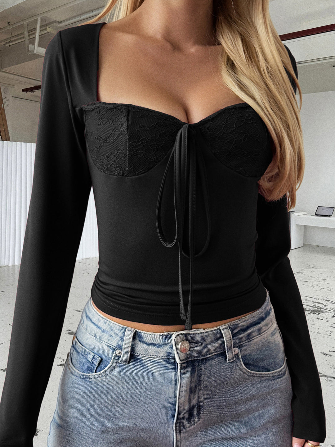 Damen nan tailliertes Bustier-Top mit quadratischem Ausschnitt, Spitzencups und Bindeband Drune