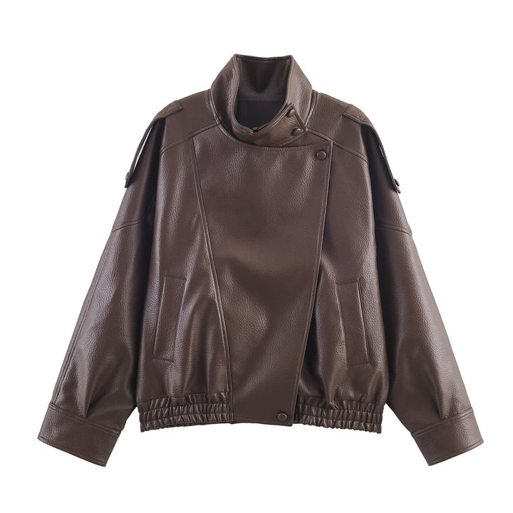 Damen 3400+ Cropped Kunstleder‑Blouson mit asymmetrischer Druckknopfleiste, hohem Stehkragen und elastischem Saum Drune