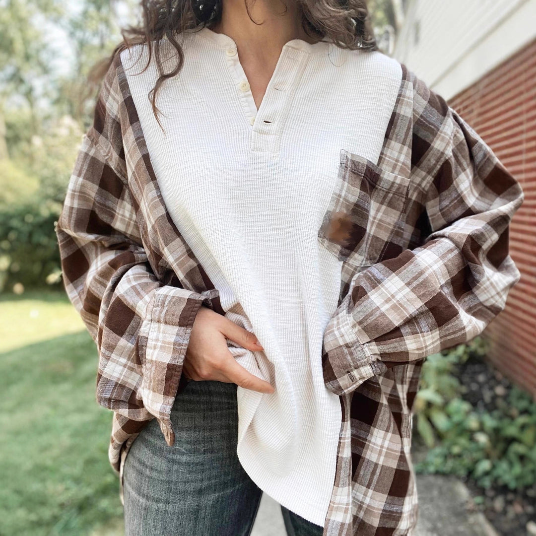 Damen nan karierter Flanell-Overshirt mit aufgesetzter Brusttasche, krempelbaren Ärmeln und legerer Oversize-Passform Drune