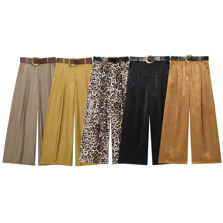 Damen High‑Waist Palazzo‑Hose mit Leoparden‑Print, weitem Bein und Ziergürtel Drune