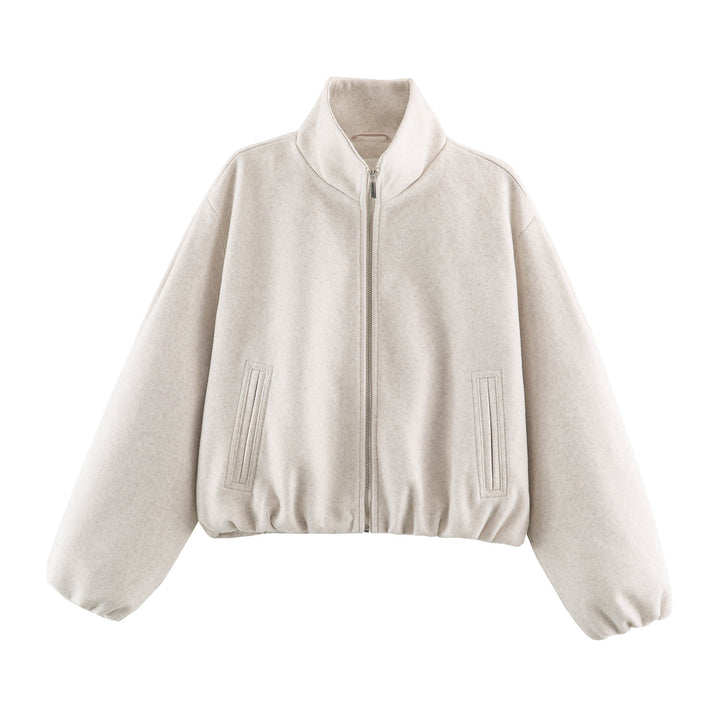 Damen Cropped Wolloptik‑Bomberjacke mit hohem Stehkragen und verdeckten Eingrifftaschen Drune