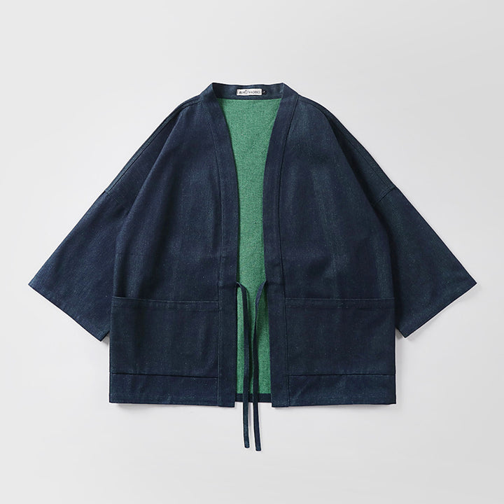 Unisex weit geschnittene Kimono-Jacke aus Baumwoll-Denim mit Bindeband und großen Aufgesetzten Taschen Drune