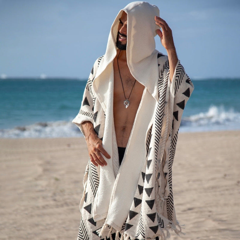 Herren Strandponcho mit Kapuze und geometrischem Jacquardmuster Drune