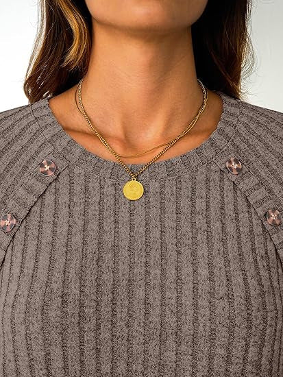 Damen Gerippter Rundhals-Pullover mit dekorativen Schulterknöpfen Drune