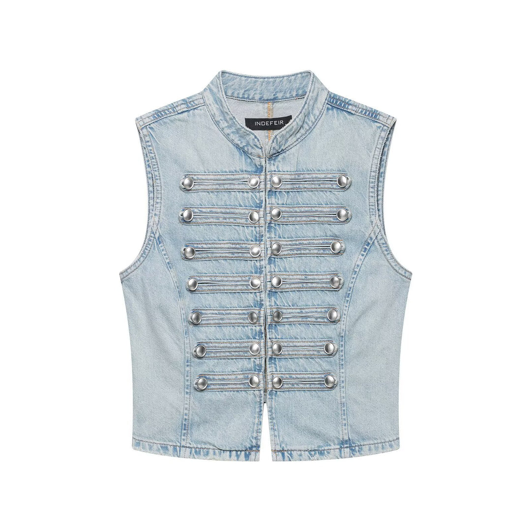 Damen Jeansweste im Military-Look mit Stehkragen und dekorativer Druckknopfleiste Drune