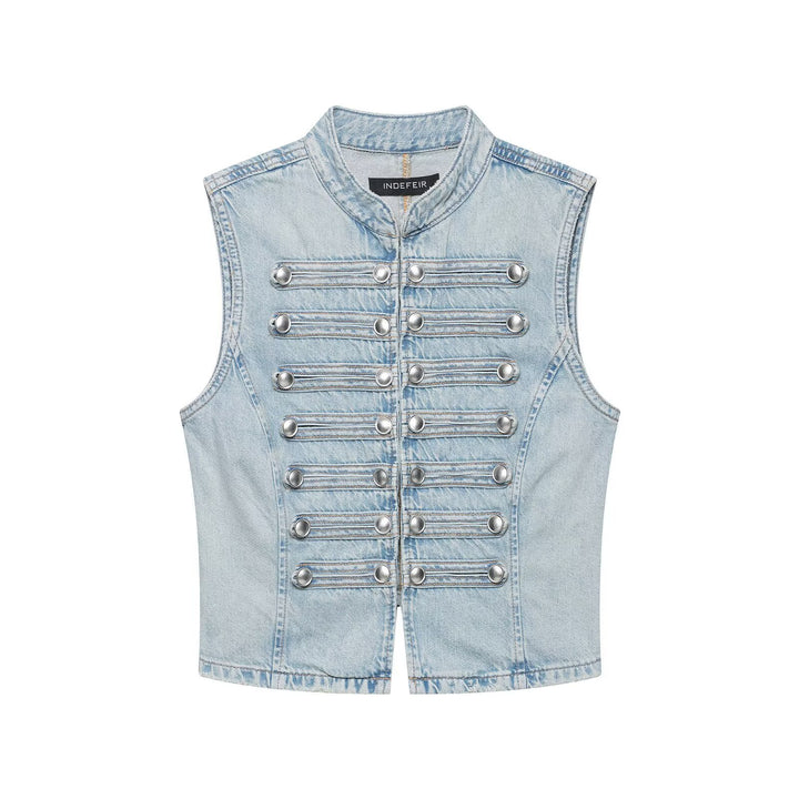 Damen Jeansweste im Military-Look mit Stehkragen und dekorativer Druckknopfleiste Drune