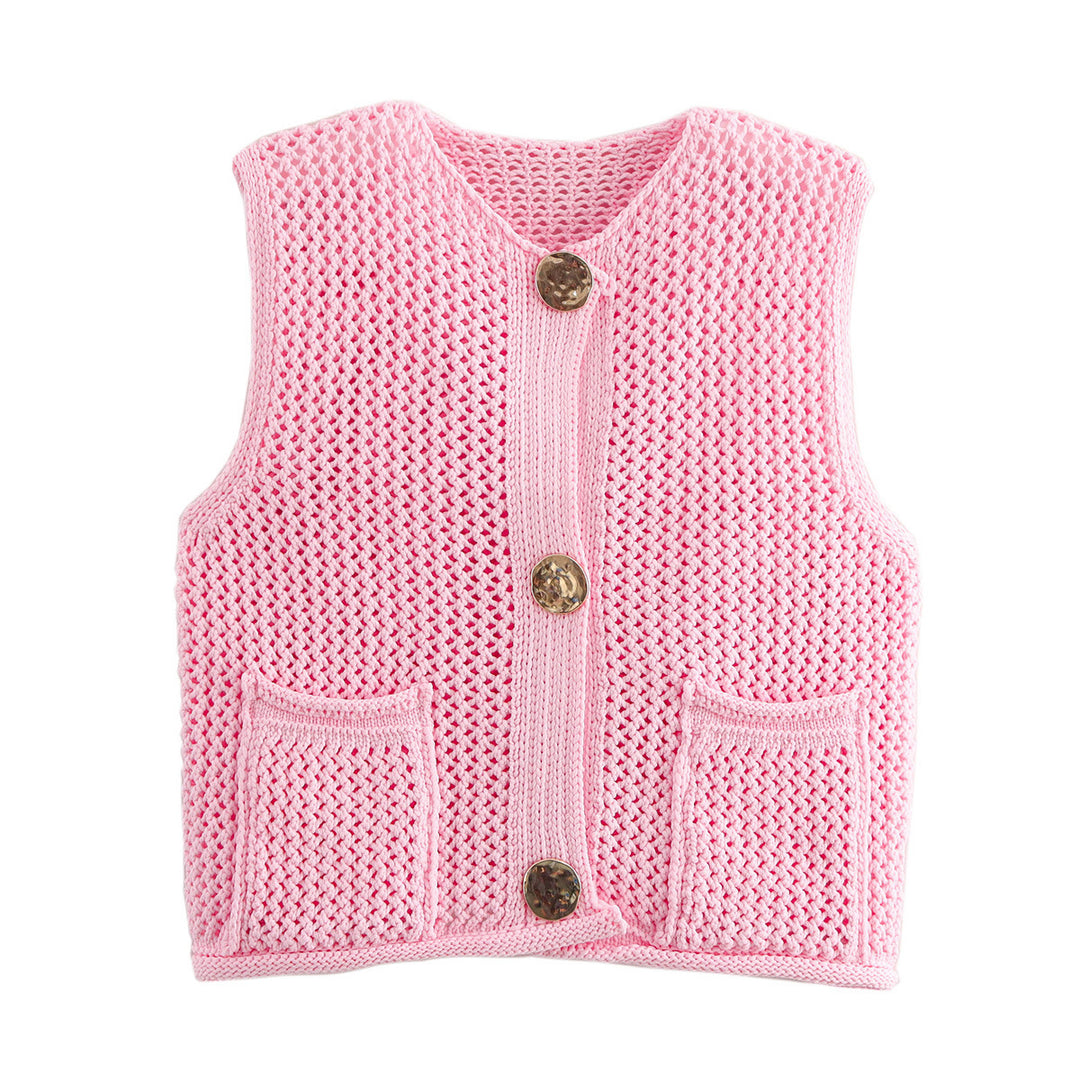 Damen gestrickte Weste mit feinem Lochmuster und praktischen Taschen Drune