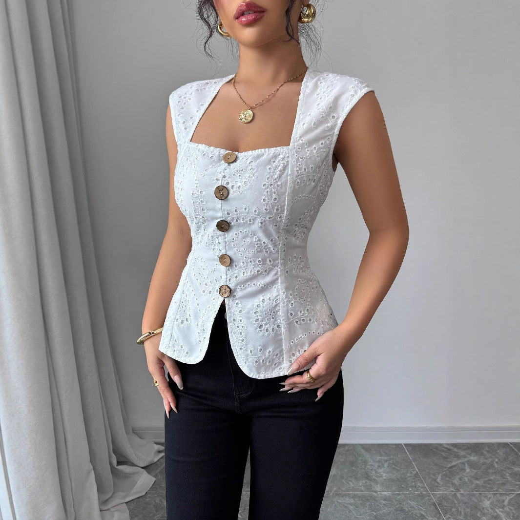 Damen Elegantes Oberteil mit Knopfdetails Drune