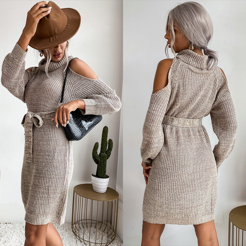 Damen Schulterfreies Rollkragen-Strickkleid mit Taillengürtel Drune