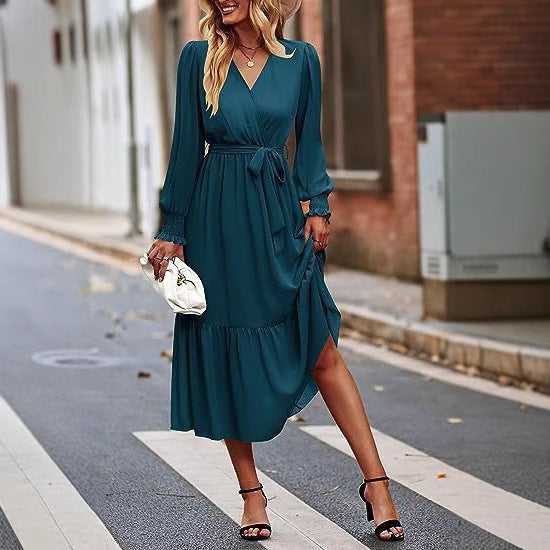 Damen Midi-Kleid mit elegantem V-Ausschnitt und Bindegürtel Drune