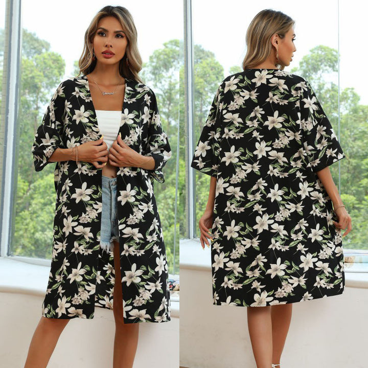 Damen Langer Kimono‑Blütenmantel mit floralem Print, offener Front und 3/4‑Ärmeln Drune