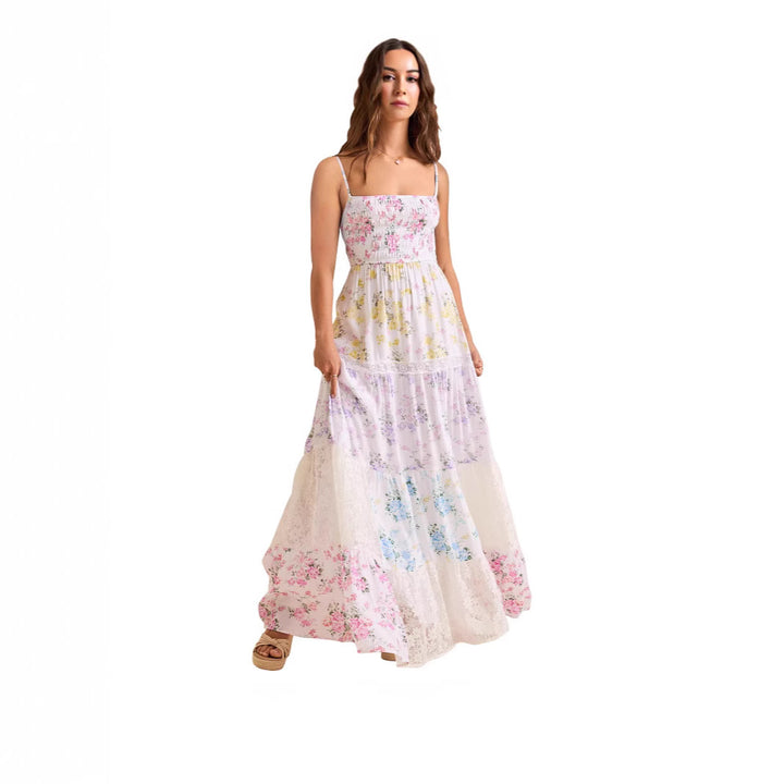 Damen Boho Maxikleid mit elastischem Oberteil und Spitzenakzenten Drune