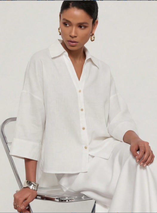Damen Leichte Oversize Leinenoptik Bluse mit Dreiviertelärmeln und durchgehender Knopfleiste Drune