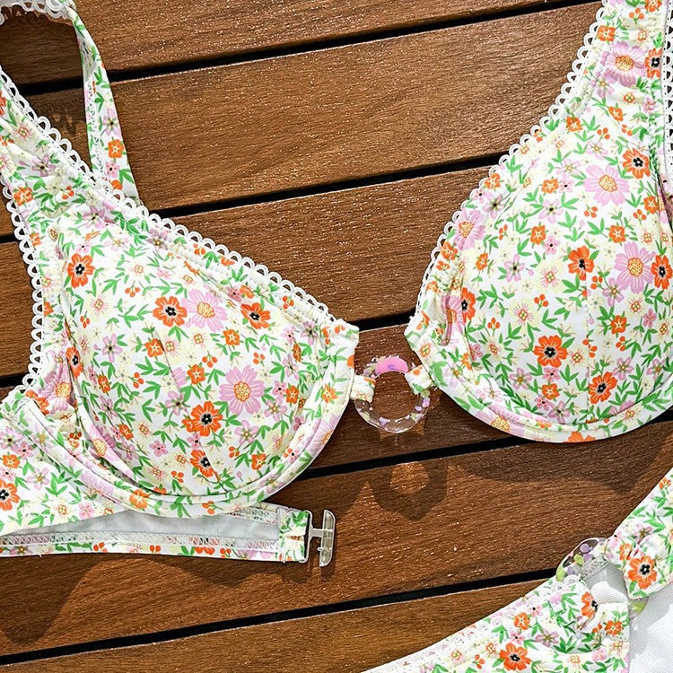 Damen Blumenmuster Bikini-Set mit elegantem Schnitt und verspielten Trägern Drune